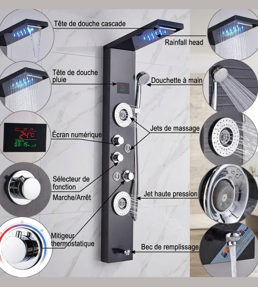 Colonne Douche Hydromassante LED 4 Jets Massage Tête Pluie Affichage Digital