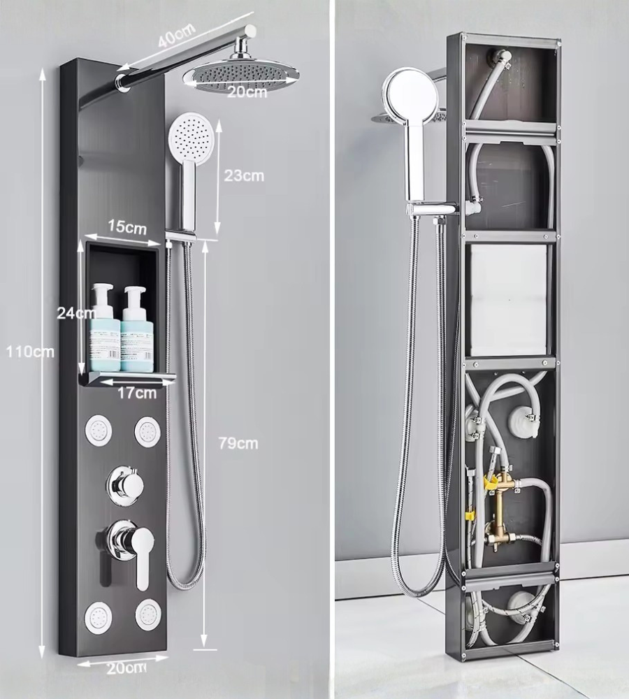 Colonne Douche Hydromassante Jets Massage Tête Pluie 20cm Douchette Rangement