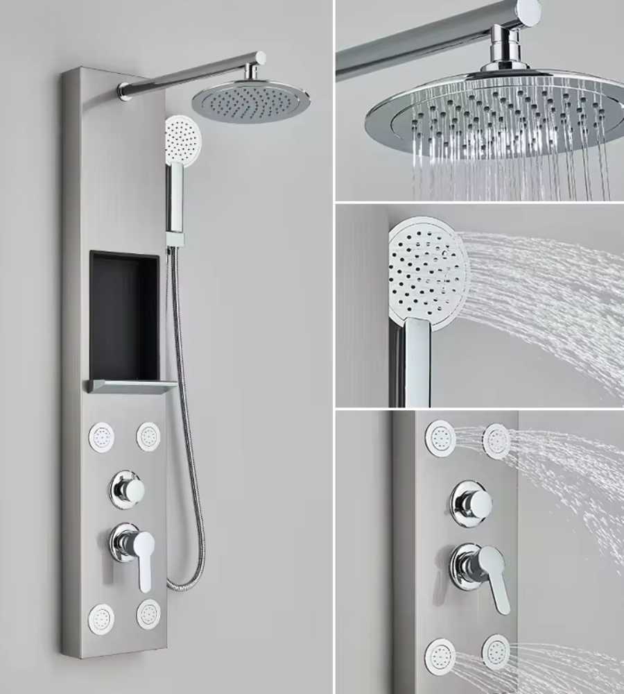 Colonne Douche Hydromassante Jets Massage Tête Pluie 20cm Douchette Rangement
