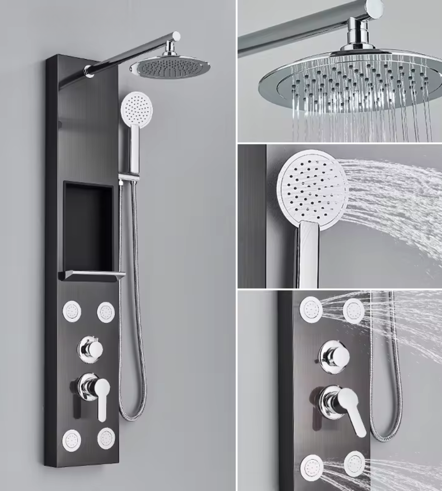 Colonne Douche Hydromassante Jets Massage Tête Pluie 20cm Douchette Rangement