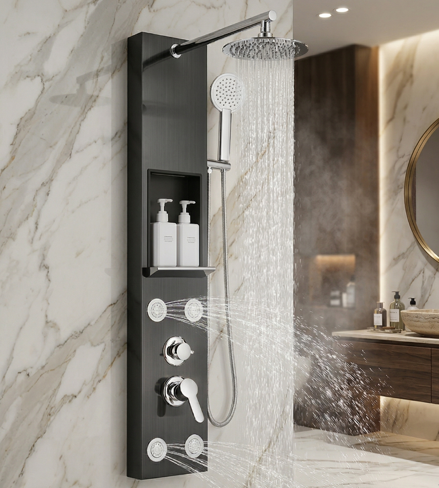 Colonne Douche Hydromassante Jets Massage Tête Pluie 20cm Douchette Rangement