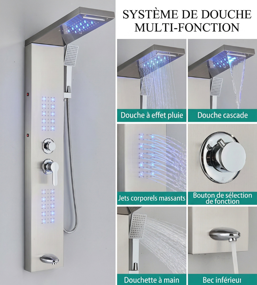 Colonne Douche Hydromassante LED Pluie Cascade Jets