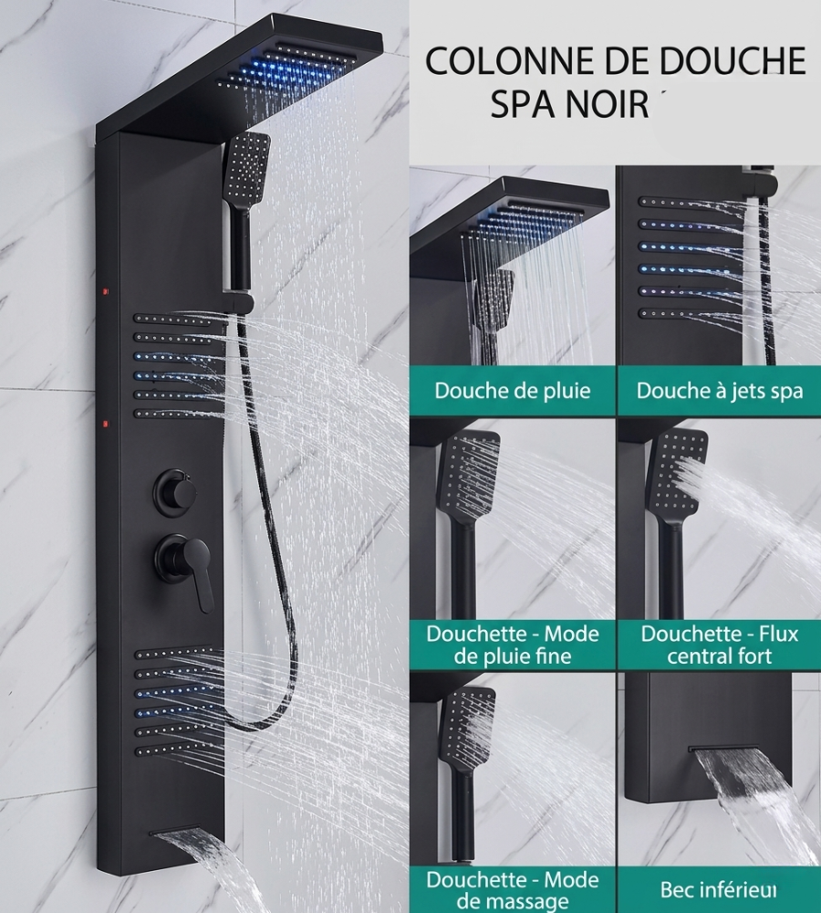 Colonne Douche Hydromassante LED Pluie Cascade Jets