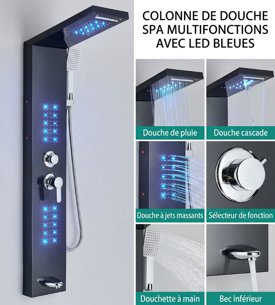 Colonne Douche Hydromassante LED Pluie Cascade Jets
