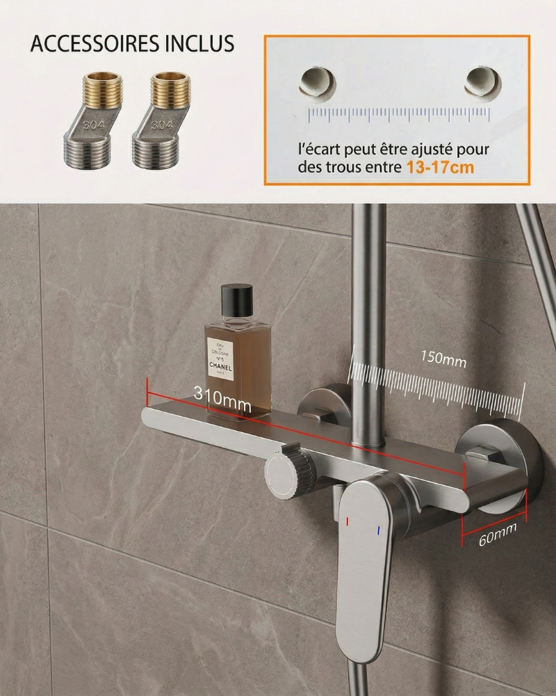 Colonne de Douche Mitigeur 3 Voies Tête Pluie Ronde Douchette Bec Cascade