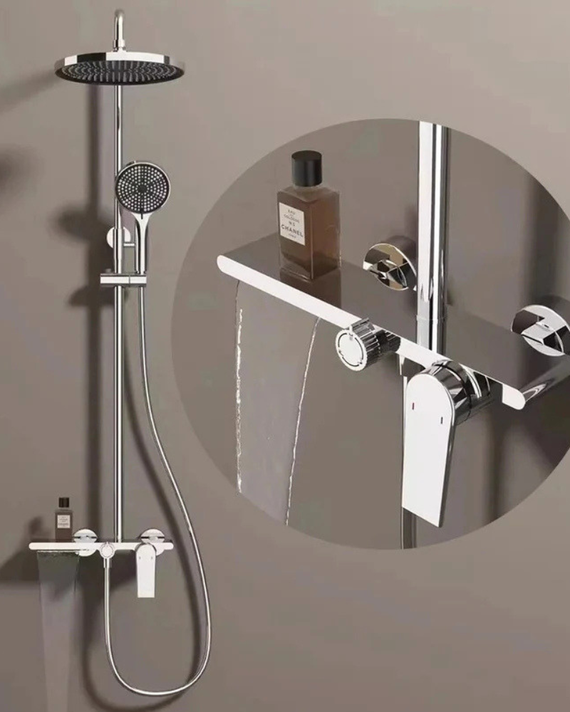 Colonne de Douche Mitigeur 3 Voies Tête Pluie Ronde Douchette Bec Cascade