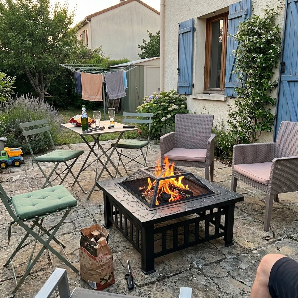 Brasero Extérieur 3 en 1 - Kit Complet Barbecue, Foyer & Bac - 81x81x32cm