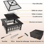 Brasero Extérieur 3 en 1 - Kit Complet Barbecue, Foyer & Bac - 81x81x32cm