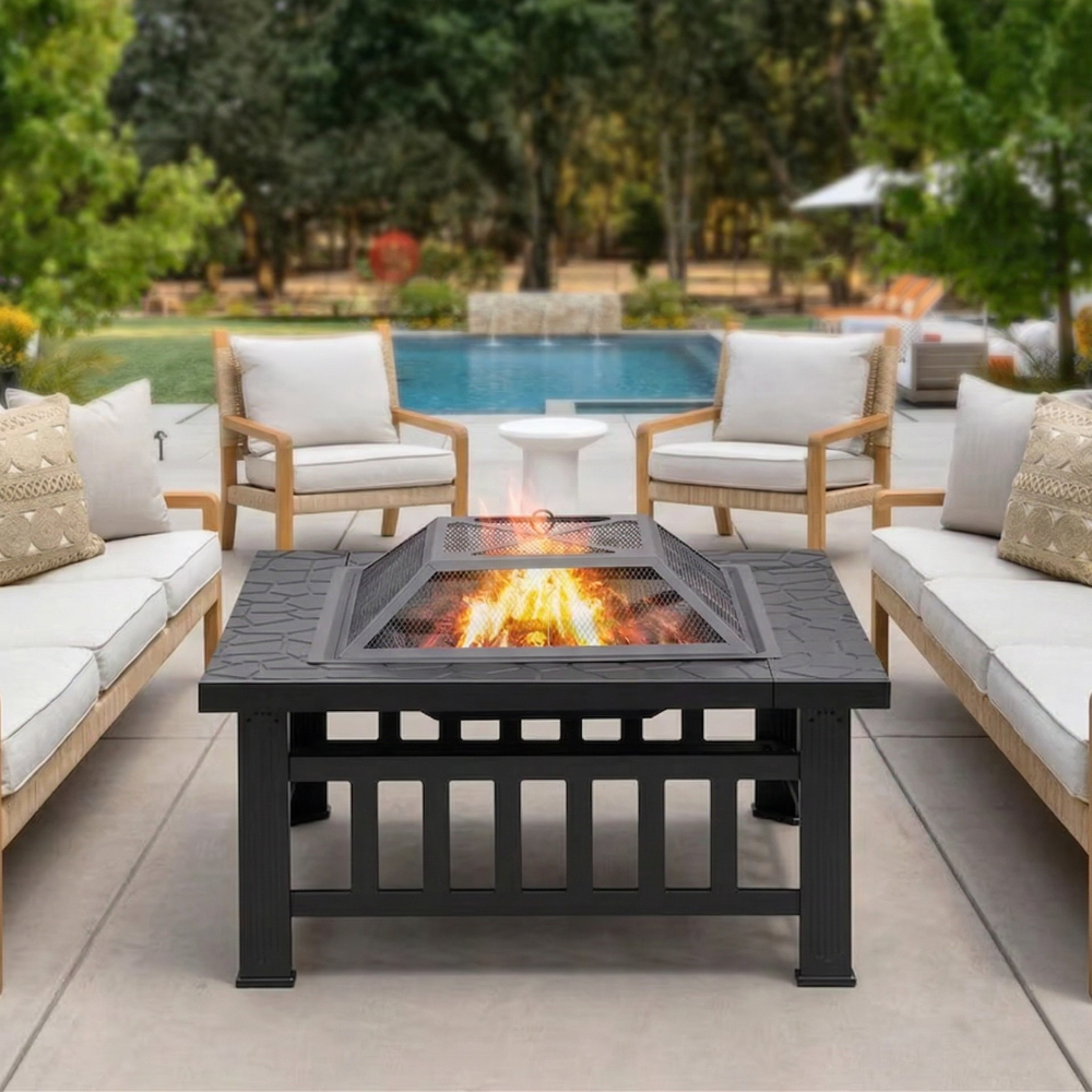 Brasero Extérieur 3 en 1 - Kit Complet Barbecue, Foyer & Bac - 81x81x32cm