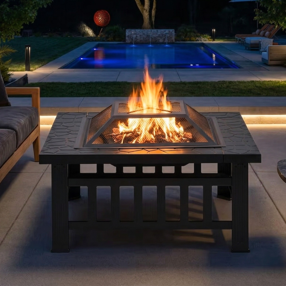 Brasero Extérieur 3 en 1 - Kit Complet Barbecue, Foyer & Bac - 81x81x32cm