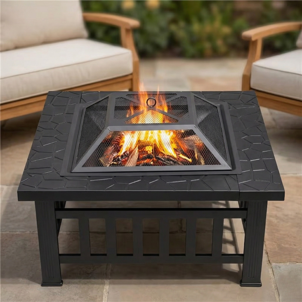 Brasero Extérieur 3 en 1 - Kit Complet Barbecue, Foyer & Bac - 81x81x32cm