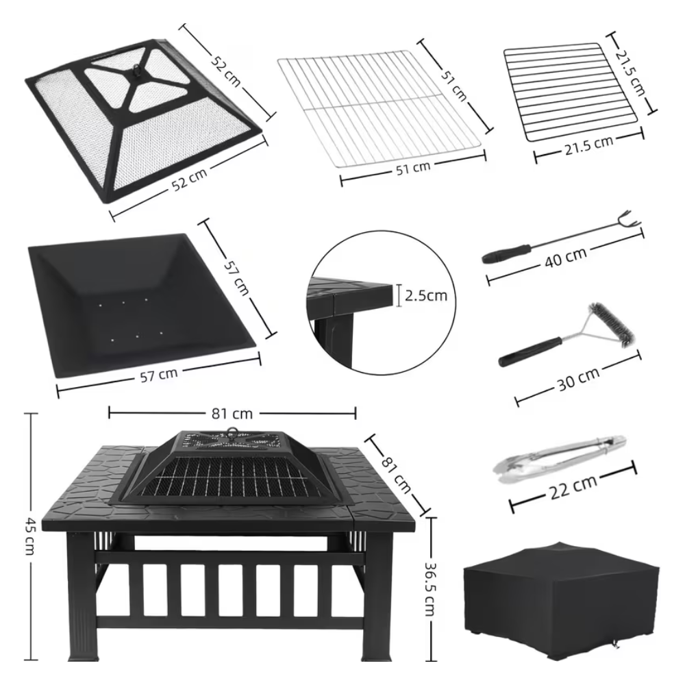 Brasero Extérieur 3 en 1 - Kit Complet Barbecue, Foyer & Bac - 81x81x32cm