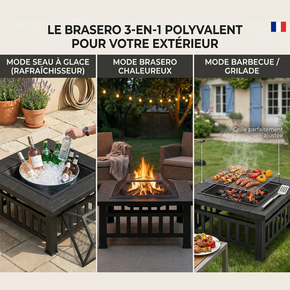Brasero Extérieur 3 en 1 - Kit Complet Barbecue, Foyer & Bac - 81x81x32cm