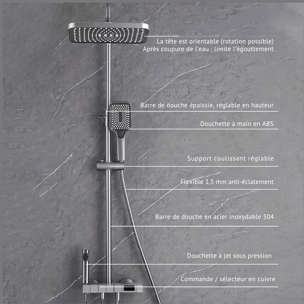 Colonne de Douche LED Affichage Température Tête Carrée 30cm 4 Modes Réglable
