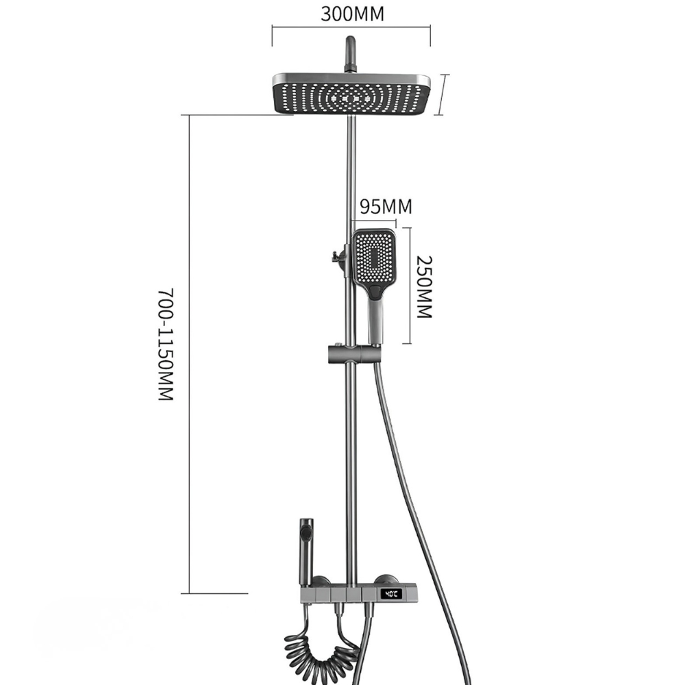 Colonne de Douche LED Affichage Température Tête Carrée 30cm 4 Modes Réglable