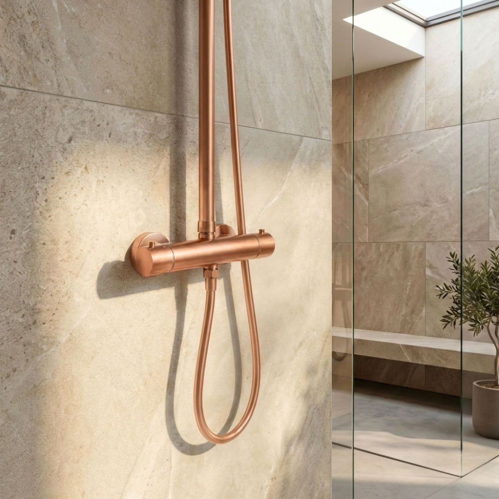 Colonne Douche Thermostatique Laiton Massif Or Brossé Tête Ronde 30cm