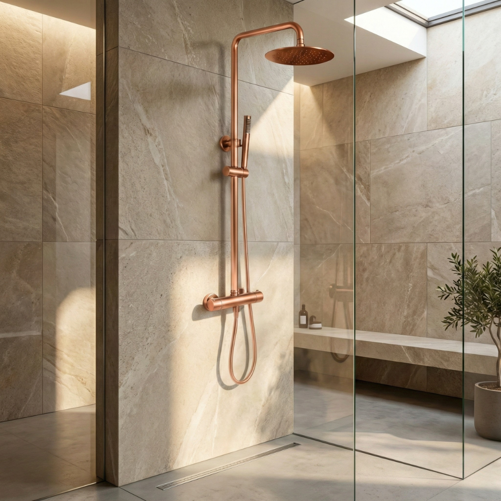 Colonne Douche Thermostatique Laiton Massif Or Brossé Tête Ronde 30cm