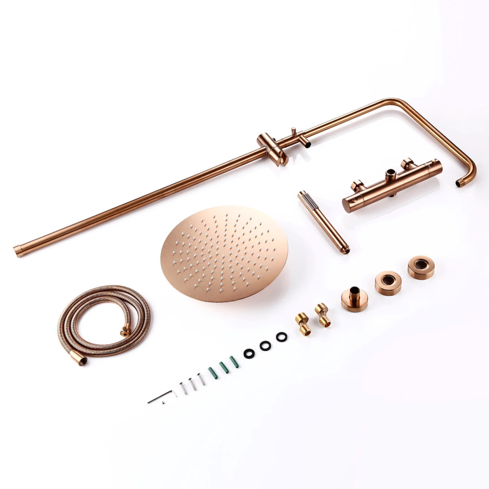 Colonne Douche Thermostatique Laiton Massif Or Brossé Tête Ronde 30cm