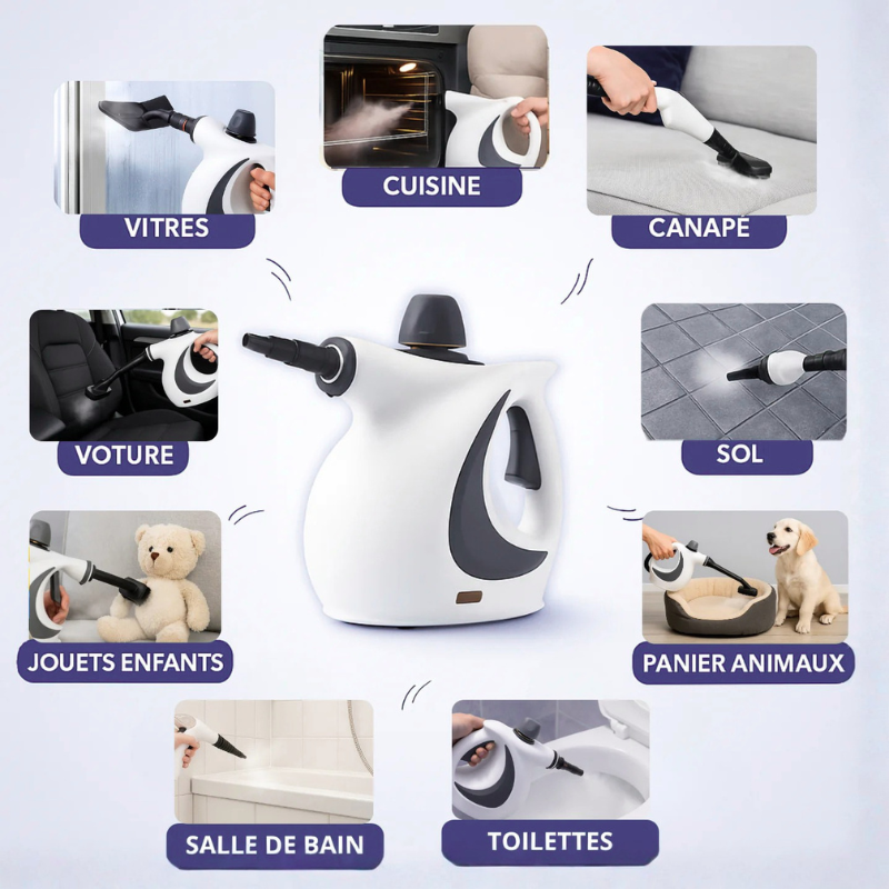 Nettoyeur vapeur portatif 350 ml 3 bars avec 9 accessoires