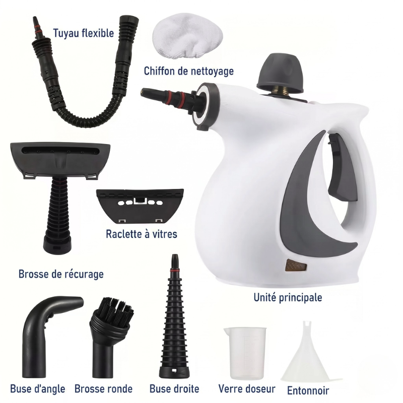 Nettoyeur vapeur portatif 350 ml 3 bars avec 9 accessoires